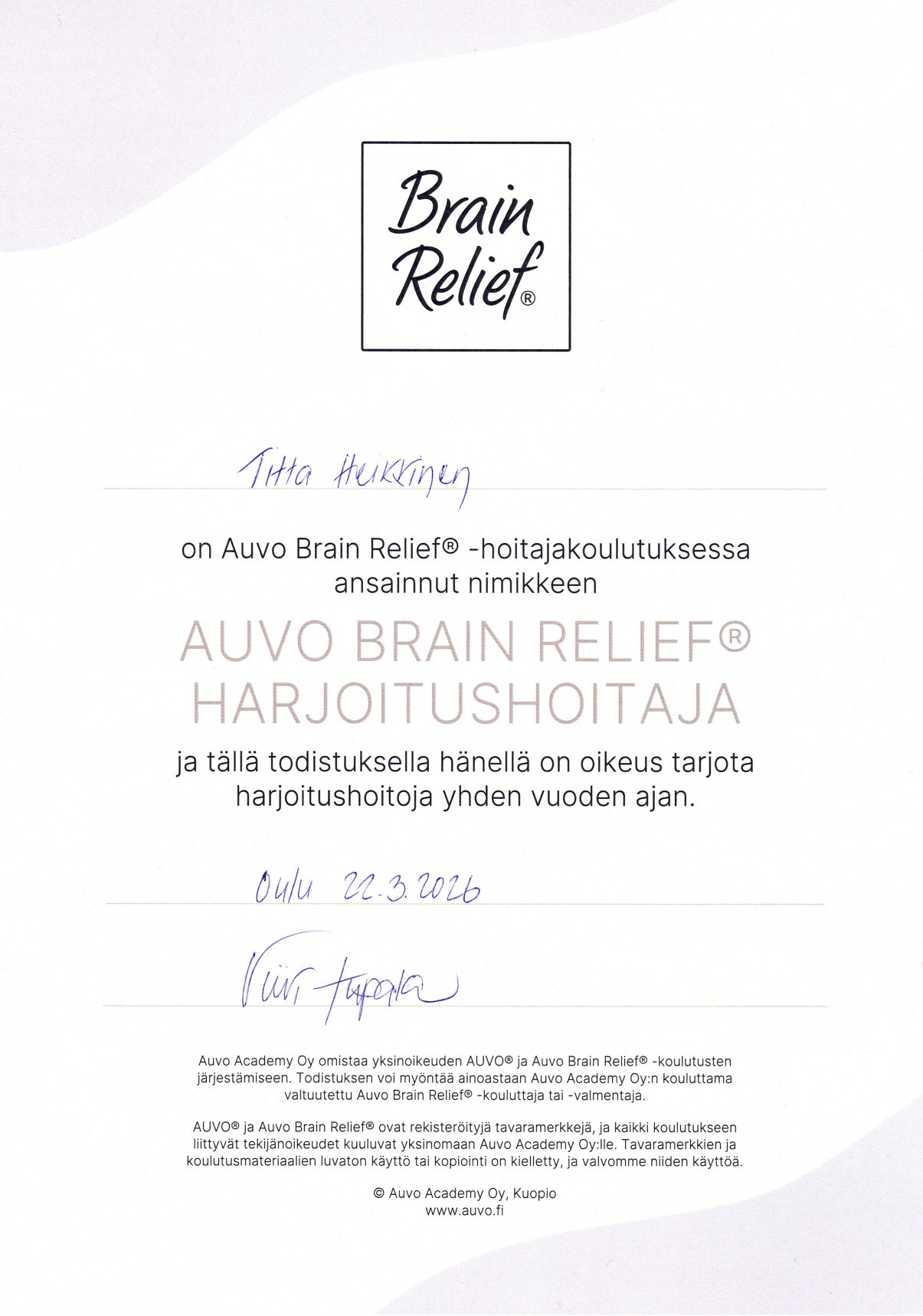 AUVO Brain Relief® harjoitushoitaja -todistus, Titta Heikkinen, Auvo Academy Oy